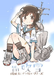 Rule 34 | 10s, 1girl, ankle boots, antennae, armor, armored boots, backpack, bag, bandaid, blue skirt, boots, brown eyes, brown hair, cannon, convenient censoring, fubuki (kancolle), gradient background, hat, kantai collection, looking at viewer, machinery, pleated skirt, salute, school uniform, serafuku, shirt, short hair, short sleeves, skirt, smile, sodapop (iemaki), solo, torpedo, white shirt