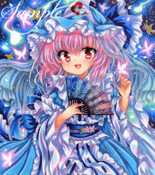 Rule 34 | 1girl, blue dress, blue hat, blue sash, bug, butterfly, dress, folding fan, frilled dress, frills, hand fan, hat, holding, holding fan, insect, long sleeves, looking at viewer, marker (medium), medium hair, mob cap, obi, open mouth, pink hair, red eyes, rui (sugar3), saigyouji yuyuko, sample watermark, sash, smile, solo, touhou, traditional media, upper body, watermark, wide sleeves