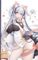 Rule 34 | 1girl, absurdres, azur lane, banchiyuebai, bare shoulders, blue eyes, breast curtains, breasts, chinese clothes, double bun, dress, elbing (azur lane), elbing (beauty beneath the spring limelight) (azur lane), hair bun, hair ornament, heterochromia, highres, large breasts, long hair, looking at viewer, manjuu (azur lane), official alternate costume, red eyes, solo, very long hair, white dress, white hair