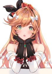 Rule 34 | 1girl, aoi (kirabosi105), bare shoulders, black gloves, chest harness, clarisse (granblue fantasy), clarisse (soleil blanc) (granblue fantasy), collarbone, gloves, granblue fantasy, green eyes, hair ribbon, harness, highres, looking at viewer, orange hair, ribbon, solo
