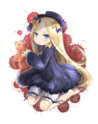 Rule 34 | 1girl, abigail williams (fate), barefoot, black dress, black hat, blonde hair, bloomers, blue eyes, blush, bow, dated, dress, fate/grand order, fate (series), forehead, hair bow, hat, highres, holding, holding stuffed toy, kneeling, long hair, long sleeves, mot (anticycle), multiple hair bows, orange bow, parted bangs, polka dot, polka dot bow, signature, solo, splatter, stuffed animal, stuffed toy, teddy bear, underwear, very long hair, white background, white bloomers
