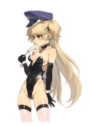 Rule 34 | 1girl, bare hips, bare shoulders, black gloves, black leotard, blonde hair, blue eyes, blush, breasts, cameltoe, earrings, elbow gloves, food, girls&#039; frontline, gloves, groin, hair between eyes, hair ribbon, hat, highleg, highleg leotard, holding, holding food, jewelry, leotard, lock, long hair, multiple earrings, neck bell, olys, open mouth, padlock, padlocked collar, playboy bunny, popsicle, rabbit tail, ribbon, simple background, skin tight, skindentation, small breasts, solo, sparkle, standing, super-shorty (girls&#039; frontline), tail, thighhighs, twitter username, two side up, very long hair, white background, white thighhighs, wrist cuffs