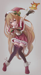 Rule 34 | 1girl, absurdres, aisaka taiga, arms up, bad id, bad pixiv id, belt, black gloves, black thighhighs, brown belt, brown eyes, brown hair, capelet, closed mouth, commentary request, fur-trimmed capelet, fur-trimmed skirt, fur trim, gloves, gradient background, grey background, hand on own head, hat, highres, kohakuirosuki, long hair, outstretched arm, palmtop tiger, red capelet, red footwear, red skirt, santa hat, shirt, skirt, smile, thighhighs, tiger, toradora!, very long hair, white shirt