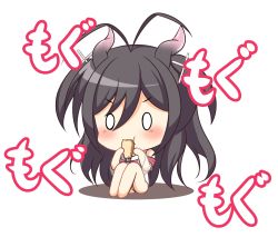 Rule 34 | 00 (futamaru), 0 0, 1girl, antenna hair, azur lane, bare shoulders, black hair, blush, chibi, commentary request, cross hair ornament, diving suit, eating, food, full body, hair between eyes, hair ornament, highres, holding, holding food, horns, i-168 (azur lane), long hair, one-piece swimsuit, school swimsuit, see-through, see-through sleeves, shadow, shrimp, shrimp tempura, sidelocks, simple background, sitting, solo, sound effects, swimsuit, tempura, twintails, very long hair, white background, white one-piece swimsuit