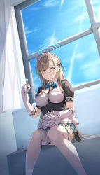 Rule 34 | 1girl, absurdres, apron, asuna (blue archive), beckoning, blonde hair, blue archive, blue bow, blue bowtie, blue choker, blue eyes, blue ribbon, blue sky, bow, bowtie, breasts, choker, cleavage, couch, curtains, detached collar, elbow gloves, eyes visible through hair, frilled apron, frills, gloves, hair over one eye, hair ribbon, highres, holding, lap pillow invitation, large breasts, looking at viewer, maid, maid apron, mimikaki, mole, mole on breast, qoray7, ribbon, sitting, sky, solo, thighhighs, waist apron, white gloves, white thighhighs, window