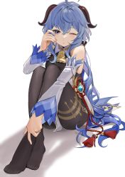 Rule 34 | 1girl, absurdres, bare shoulders, bell, black bodysuit, black legwear, blue hair, bodysuit, commentary request, detached sleeves, feet, full body, ganyu (genshin impact), genshin impact, gold trim, highres, horns, long hair, mikanoisi, neck bell, no gloves, no shoes, one eye closed, partial commentary, purple eyes, rubbing eyes, sidelocks, simple background, sitting, sleepy, solo, tears, thighs, very long hair, vision (genshin impact), waking up, white background, white sleeves