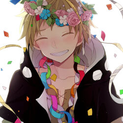 Rule 34 | 1boy, black hoodie, blonde hair, blue flower, blush, brown shirt, casual, collarbone, colored eyelashes, commentary request, confetti, cross-laced clothes, cross-laced slit, decorations, facing viewer, flower, hair flower, hair ornament, head wreath, hood, hood down, hoodie, hoshiyui tsukino, kagerou project, kano shuuya, leaf, male focus, mekakucity actors, open mouth, paper chain, pink flower, pink rose, portrait, print hoodie, rose, shirt, short hair, short sleeves, simple background, smile, solo, teeth, two-tone hoodie, upper body, white background, white flower, white hoodie