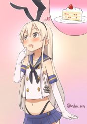 Rule 34 | 1girl, ahenn, anchor hair ornament, black panties, blonde hair, blue sailor collar, blue skirt, cake, crop top, drooling, elbow gloves, food, gloves, grey eyes, hair ornament, hairband, highleg, highleg panties, kantai collection, long hair, microskirt, miniskirt, mouth drool, panties, pink background, sailor collar, shimakaze (kancolle), skirt, solo, thought bubble, twitter username, underwear, upper body, white gloves
