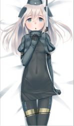 Rule 34 | 10s, 1girl, black pantyhose, blonde hair, blue eyes, covered navel, cowboy shot, cropped jacket, dakimakura (medium), garrison cap, hat, kantai collection, legs together, long hair, looking at viewer, lying, military, military uniform, on back, open mouth, pantyhose, prhs, puffy sleeves, simple background, solo, thigh gap, u-511 (kancolle), uniform, white background