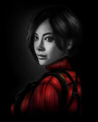 Rule 34 | 1girl, ada wong, breasts, commentary, from side, highres, krystine art, large breasts, partially colored, profile, realistic, red sweater, resident evil, resident evil 4, resident evil 4 (remake), solo, sweater, turtleneck, turtleneck sweater, twitter username