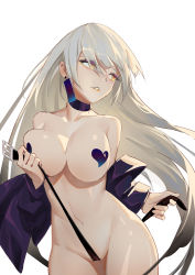 Rule 34 | 1girl, bad id, bad pixiv id, belt, black belt, black choker, black jacket, breast press, breasts, cameltoe, choker, coat, cowboy shot, earrings, heart pasties, highres, holding, holding belt, huang (volt0526), jacket, jewelry, large breasts, lipstick, long hair, long sleeves, looking back, makeup, naked coat, navel, nude, off shoulder, open clothes, open jacket, orange lips, original, parted lips, pasties, silver hair, simple background, solo, very long hair, white background, yellow eyes