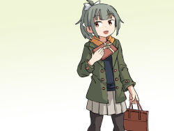 Rule 34 | 1girl, alternate costume, bag, black pantyhose, brown eyes, commentary, cowboy shot, english commentary, green jacket, grey hair, grey skirt, hood, hooded jacket, hoodie, jacket, kantai collection, looking to the side, one-hour drawing challenge, pantyhose, pleated skirt, ponytail, short hair, sixten, skirt, solo, standing, white background, yuubari (kancolle), yuubari kai ni (kancolle)