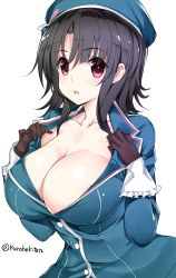 Rule 34 | 10s, 1girl, beret, black hair, blue hat, blue jacket, blush, breasts, buttons, cleavage, clothes pull, collarbone, frilled sleeves, frills, hat, hekiten, highres, jacket, jacket pull, kantai collection, large breasts, lips, long sleeves, looking at viewer, open clothes, open jacket, parted lips, red eyes, short hair, simple background, solo, takao (kancolle), twitter username, white background