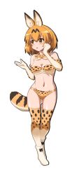 Rule 34 | 10s, 1girl, animal ears, bikini, blush, bow, bowtie, breasts, cleavage, elbow gloves, full body, gloves, hayashiya zankurou, highres, kemono friends, navel, open mouth, serval (kemono friends), serval print, serval tail, solo, striped tail, swimsuit, tail
