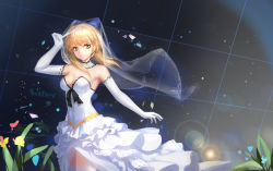 Rule 34 | 1girl, artoria pendragon (all), artoria pendragon (fate), bad id, bad pixiv id, black ribbon, blonde hair, blue bow, bow, breasts, bridal veil, character name, cleavage, closed mouth, cowboy shot, dress, elbow gloves, fate/unlimited codes, fate (series), gloves, green eyes, hair bow, highres, hong bai, long hair, medium breasts, ribbon, saber lily, short hair with long locks, sidelocks, sleeveless, sleeveless dress, smile, solo, standing, striped clothes, striped dress, thighhighs, veil, wedding dress, white dress, white gloves, white thighhighs