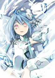 Rule 34 | 10s, 1girl, absurdres, ahoge, armor, blanc (neptunia), blue hair, blush, breasts, cowboy shot, faulds, gauntlets, hand up, headgear, highres, hizukichi (windplay), leotard, looking at viewer, magical girl, mechanical wings, neptune (series), open mouth, parted lips, pauldrons, power symbol, power symbol-shaped pupils, red eyes, short hair with long locks, shoulder armor, sidelocks, small breasts, snow, solo, symbol-shaped pupils, turtleneck, white heart (neptunia), wings, 明智(:3 ミ