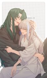 Rule 34 | 2boys, archer (fate/samurai remnant), black hanfu, blush, chinese clothes, closed eyes, fate/samurai remnant, fate (series), green hair, grey hair, hair ornament, hand on another&#039;s head, highres, hug, long hair, male focus, multicolored hair, multiple boys, pinus 00, sidelocks, smile, streaked hair, tassel, tassel hair ornament, white hair, white hanfu, yaoi, zheng chenggong (fate)