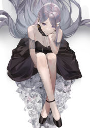 Rule 34 | 1girl, bare shoulders, black dress, black footwear, blazpu, blush, breasts, character request, cleavage, copyright request, detached collar, dress, flower, grey hair, hair ornament, high heels, highres, knees up, large breasts, long hair, looking at viewer, purple eyes, rose, sitting, smile, solo, swept bangs, very long hair, white flower, white rose