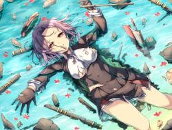 Rule 34 | 10s, 1girl, afloat, bad id, bad pixiv id, black gloves, floating, gloves, halo, kantai collection, long sleeves, looking at viewer, mechanical halo, partially submerged, pleated skirt, purple hair, red eyes, sinking, skirt, solo, tatsuta (kancolle), torn clothes, water, yoshikanakamura