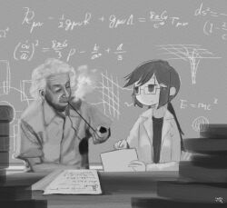 1boy 1girl 5afvb albert_einstein black_hair book book_stack chalkboard dress_shirt facial_hair fish_hair_ornament glasses hair_ornament lab_coat long_hair looking_at_another low_twintails math monochrome mustache paper parted_hair real_life shimeji_simulation shirt short_hair signature sleeves_rolled_up smoking table tsukishima_shijima&#039;s_sister twintails white_hair