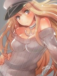 Rule 34 | 10s, 1girl, anchor, bare shoulders, bismarck (kancolle), blonde hair, blue eyes, blush, breasts, hat, kantai collection, large breasts, long hair, looking at viewer, military, military hat, peaked cap, personification, ribbed sweater, solo, sweater, yumi yumi