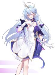 Rule 34 | 1girl, bare shoulders, bead bracelet, beads, blue hair, bracelet, breasts, cleavage, closed eyes, closed mouth, detached sleeves, dress, earrings, gloves, hand on own chest, head wings, highres, himey, honkai: star rail, honkai (series), jewelry, long hair, purple dress, robin (honkai: star rail), short sleeves, simple background, smile, solo, standing, two-tone dress, white background, white dress, white gloves, white wings, wings