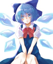 Rule 34 | + +, 1girl, :o, absurdres, between legs, blue bow, blue dress, blue eyes, blue hair, bob cut, bow, bowtie, cirno, commentary, dress, gumi (fwjn7284), hair between eyes, hair bow, hand between legs, head tilt, highres, ice, ice wings, knees, looking at viewer, open mouth, pinafore dress, puffy short sleeves, puffy sleeves, red bow, red bowtie, shirt, short hair, short sleeves, sidelocks, simple background, sleeveless dress, solo, sparkling eyes, star-shaped pupils, star (symbol), symbol-shaped pupils, thick eyebrows, touhou, v-shaped eyebrows, v arms, white background, white shirt, wing collar, wings