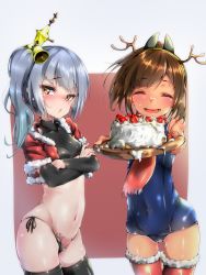 Rule 34 | 10s, 2girls, alternate costume, antlers, arm warmers, bell, black legwear, black panties, blush, breasts, brown eyes, brown hair, cake, christmas ornaments, closed eyes, crossed arms, dark-skinned female, dark skin, fake horns, food, food on face, giving, grey hair, hair ornament, highres, holding, holding tray, horns, i-401 (kancolle), kantai collection, kasumi (kancolle), long hair, looking at viewer, looking away, multiple girls, navel, one-piece swimsuit, open mouth, panties, ponytail, red legwear, red scarf, reindeer antlers, scarf, school swimsuit, shiny clothes, short hair, side-tie panties, side ponytail, small breasts, smile, star (symbol), string panties, swimsuit, tan, thighhighs, tray, underwear, uno ryoku, yellow eyes