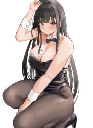 Rule 34 | 1girl, absurdres, animal ears, bare shoulders, black bow, black bowtie, black footwear, black hair, black leotard, black pantyhose, blush, bow, bowtie, breasts, brown eyes, cleavage, closed mouth, detached collar, fake animal ears, high heels, highres, kneeling, large breasts, leotard, long hair, looking at viewer, neneneji, on one knee, original, pantyhose, playboy bunny, rabbit ears, simple background, solo, thighs, traditional bowtie, white background, wrist cuffs