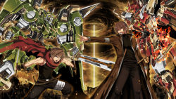 Rule 34 | 2boys, bad id, bad pixiv id, brown eyes, brown hair, brown jacket, clenched hands, dagger, dual wielding, expressionless, fighting, garimpeiro, glowing, glowing eyes, green eyes, highres, holding, holding dagger, holding knife, holding weapon, jacket, knife, looking down, looking up, mecha, multiple boys, open mouth, orange eyes, original, robot, scarf, shirt, sleeveless, sleeveless shirt, weapon, wrist blades