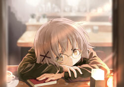 Rule 34 | 1girl, alternate costume, bespectacled, blurry, blurry background, book, brown eyes, brown hair, brown sweater, cafe, counter, crossed arms, cup, drink, expressionless, glasses, hair ornament, head on table, hidamari sketch, highres, looking at viewer, percy pyl, round eyewear, short hair, solo, sweater, tea, teacup, x hair ornament, yuno (hidamari sketch)