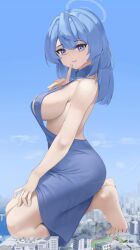 Rule 34 | 1girl, absurdres, ako (blue archive), ako (dress) (blue archive), backless dress, backless outfit, barefoot, blue archive, blue dress, blue eyes, blue hair, blue halo, blue sky, breasts, building, city, dress, finger to mouth, giant, giantess, halo, highres, index finger raised, large breasts, looking at viewer, mousedic07, official alternate costume, sideboob, sideless dress, simple background, sitting, sky, solo
