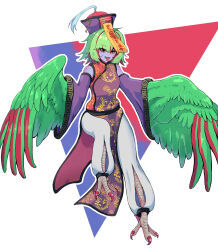 Rule 34 | 1girl, absurdres, bare shoulders, bird legs, clothing request, colored skin, commentary request, detached sleeves, feathered wings, feathers, green feathers, green hair, green wings, harpy, hat, highres, jiangshi, monster girl, multicolored clothes, multicolored hair, multicolored hat, ofuda, ofuda on head, open mouth, original, purple skin, red eyes, red hair, solo, stitched face, stitches, talons, togenomaru, tongue, tongue out, two-tone hair, wide sleeves, winged arms, wings