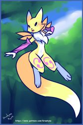 Rule 34 | 1girl, animal, black sclera, blue eyes, cloud, colored sclera, digimon, digimon (creature), drantyno, fox, furry, gloves, highres, jumping, open mouth, purple gloves, renamon, sky, solo, tree, yellow fur