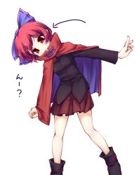 Rule 34 | 1girl, :o, black shirt, blue bow, blue cloak, boots, bow, cloak, head tilt, highres, isu (is88), long sleeves, open mouth, red cloak, red eyes, red hair, red skirt, sekibanki, shirt, short hair, simple background, skirt, solo, touhou, white background