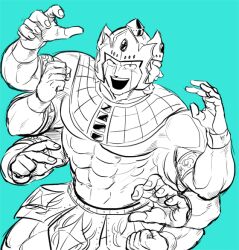Rule 34 | 1boy, abs, armlet, armor, artist request, ashuraman, biceps, clenched hand, extra arms, greyscale with colored background, groin, helmet, jewelry, kinnikuman, large pectorals, manly, monster boy, multiple arms, multiple faces, muscular, pectorals, solo
