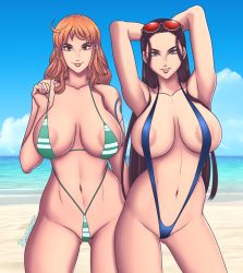 Rule 34 | 2girls, areola slip, bare shoulders, beach, bemannen, bikini, black hair, blue eyes, breasts, closed mouth, collarbone, cowboy shot, day, earrings, gluteal fold, hair slicked back, highres, jewelry, large breasts, lips, long hair, matching hair/eyes, micro bikini, multiple girls, nami (one piece), navel, nico robin, ocean, one piece, orange eyes, orange hair, outdoors, parted lips, sidelocks, slingshot swimsuit, sunglasses on head, swimsuit, tattoo