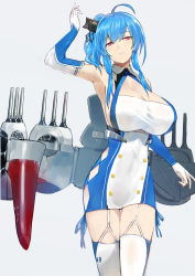 Rule 34 | 1girl, ahoge, argyle, argyle clothes, argyle cutout, arm up, armpits, azur lane, bare shoulders, blue hair, blue ribbon, breasts, buttons, cleavage, clothing cutout, commentary request, elbow gloves, garter straps, gloves, grey background, hair tie, halterneck, hat, highres, huge breasts, long hair, looking at viewer, parted lips, pen (pen3), red eyes, ribbon, side ponytail, sideboob, simple background, solo, st. louis (azur lane), standing, thighhighs, turret, white thighhighs