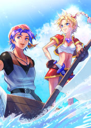 Rule 34 | 1boy, 1girl, bandana, bare legs, belt, black shinkalion ogre, blonde hair, blue eyes, blue hair, boat, body markings, breasts, chrono cross, cleavage, cropped jacket, dagger, facial mark, gloves, hair ribbon, hand on own hip, highres, jacket, jewelry, kid (chrono cross), kikopoko11, knife, medium breasts, midriff, miniskirt, multi-tied hair, necklace, ocean, open mouth, parted bangs, ponytail, red bandana, red jacket, ribbon, sail, serge (chrono cross), shirt, short hair, skirt, smile, sunlight, teeth, torn clothes, torn shirt, upper body, upper teeth only, water, watercraft, weapon, white shirt