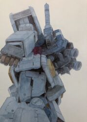 Rule 34 | antennae, from behind, gundam, highres, machinery, mecha, mouen tw, no humans, object focus, painting (medium), realistic, robot, thrusters, traditional media, watercolor (medium), white background