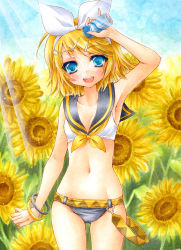 Rule 34 | 1girl, :d, aoi yuuka (ao no kokoro), arm up, armpits, bangle, bare shoulders, belt, blonde hair, blue eyes, blush, bracelet, breasts, can, cleavage, flower, hairband, holding, jewelry, kagamine rin, navel, open mouth, school uniform, serafuku, short hair, small breasts, smile, solo, sunflower, sunlight, vocaloid