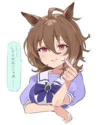 Rule 34 | 1girl, agnes tachyon (umamusume), ahoge, animal ears, arm under breasts, blush, breast hold, breasts, brown hair, cropped torso, finger heart, highres, horse ears, japanese text, lips, looking at viewer, medium breasts, medium hair, puffy short sleeves, puffy sleeves, purple eyes, red hair, sailor collar, short sleeves, simple background, smile, solo, speech bubble, teeth, translation request, umamusume, upper body, white background, yanyo (ogino atsuki)