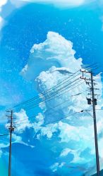 Rule 34 | absurdres, banishment, blue sky, blue theme, cloud, cloudy sky, commentary request, day, highres, no humans, original, outdoors, power lines, scenery, sky, transformer, utility pole