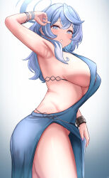 Rule 34 | 1girl, absurdres, ako (blue archive), ako (dress) (blue archive), arm up, armpits, bare shoulders, blue archive, blue eyes, blue hair, blue halo, blush, bracelet, breasts, earrings, elina (eri15), from side, gradient background, halo, highres, jewelry, large breasts, looking at viewer, looking to the side, medium hair, official alternate costume, parted lips, simple background, solo, thighs