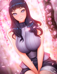 Rule 34 | 1girl, aged up, between legs, black hair, blunt bangs, blurry, blurry background, blush, breasts, commentary, corset, english commentary, hand between legs, hyuuga hinata, large breasts, long hair, looking at viewer, naruto, naruto (series), no pupils, patreon username, pink lady mage, purple eyes, simple background, sleeveless, smile, solo, v arms
