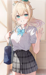 Rule 34 | 1girl, absurdres, auui, bag, blonde hair, blue bow, bow, breasts, collared shirt, commentary request, dress shirt, green eyes, grey skirt, grin, hair between eyes, hands up, highres, hololive, indoors, kazama iroha, long hair, looking at viewer, medium breasts, plaid, plaid skirt, pleated skirt, ponytail, school bag, school uniform, shirt, skirt, smile, solo, virtual youtuber, white shirt