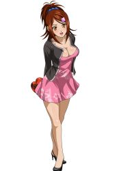 Rule 34 | 00s, 1girl, arms behind back, bachou mouki, black jacket, breasts, brown hair, cleavage, collarbone, dress, hair ornament, hair scrunchie, heart, high heels, high ponytail, ikkitousen, jacket, looking at viewer, medium breasts, open clothes, open jacket, open mouth, pink dress, scrunchie, shiny skin, simple background, solo, strapless, strapless dress, white background, yellow eyes