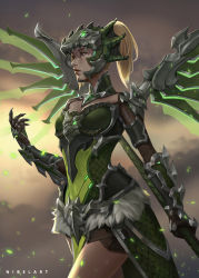 Rule 34 | 1girl, armor, artist name, blonde hair, breasts, cloud, cloudy sky, commentary, cowboy shot, dragoon, dragoon mercy, embers, english commentary, eyeshadow, gauntlets, glowing, green armor, green eyes, green eyeshadow, helm, helmet, high ponytail, highres, holding, holding staff, light particles, looking away, makeup, medium hair, mercy (overwatch), nibelart, nose, official alternate costume, overwatch, overwatch 1, pauldrons, realistic, scale armor, shoulder armor, signature, sky, small breasts, smoke, solo, staff