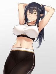 Rule 34 | 1girl, armpits, arms behind head, arms up, black hair, blush, breasts, clenched teeth, collarbone, commentary request, elf, elf (houtengeki), gradient background, houtengeki, large breasts, long hair, midriff, navel, one eye closed, original, pants, parted lips, pointy ears, simple background, sleeveless, solo, sports bra, teeth, twintails, wristband, yellow eyes, yoga pants