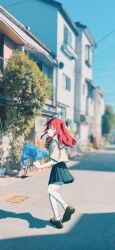 Rule 34 | 1girl, black skirt, blue sky, blurry, blurry background, blush, bocchi the rock!, brown sailor collar, brown shirt, chorohanage, closed eyes, commentary request, day, depth of field, facing back, facing viewer, fleeing, from behind, full body, highres, house, kita ikuyo, loafers, long hair, loose socks, one side up, outdoors, photo background, pleated skirt, power lines, red hair, sailor collar, school uniform, serafuku, shadow, shirt, shoes, short sleeves, skirt, sky, socks, solo, standing, standing on one leg, tongue, tongue out, town, tree, white socks